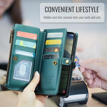 Asuwish Phone Case for Samsung Galaxy A17 5G Zipper Wallet Cover with Tempered Glass Screen Protector and Leather Flip RFID Blocking Credit Card Holder Cell Accessories A 17 17A 4G Women Girls Green - color: Green