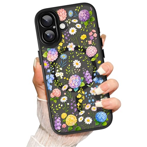 for iPhone 17 Case Colorful Floral Design Black | [Compatible with Magsafe] Full Camera Protection for Women Girls Translucent Matte Shockproof Protective Magnetic Cover - color: Black, Hydrangea Flower, size: iPhone 17