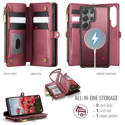 Defencase for Galaxy S26 Ultra Case Wallet Compatible with Magsafe, WineRed | Magnetic Detachable, RFID Bolcking Card Holder, Zipper Strap, PU Leather Drop-Proof Phone Cover for Samsung Galaxy S26 Ultra - color: (Detachable with Magsafe)-Wine Red