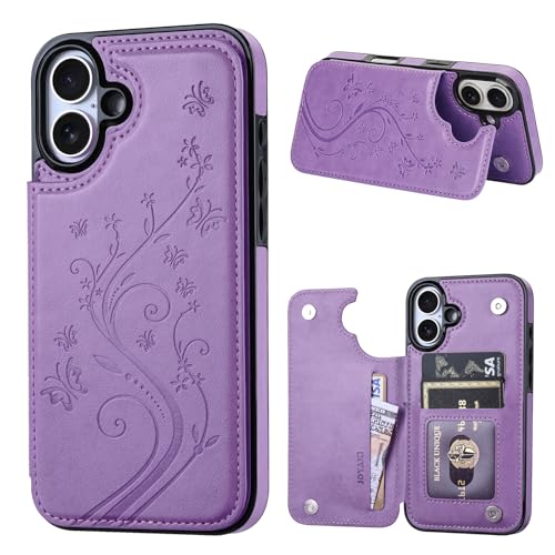 Wallet Case Compatible with iPhone 16 6.1”, Slim Protective Case with Card Holder,Premium PU Leather Kickstand Card Slots Case with Double Magnetic Clasp-Purple - color: Purple-F, size: iphone 16 6.1"