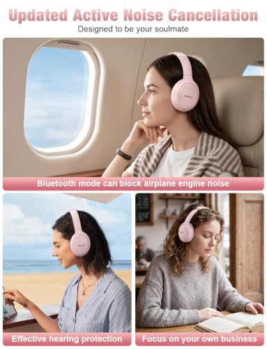 RUNOLIM Active Noise Cancelling Headphones, Wireless Bluetooth Over Ear - color: Pink