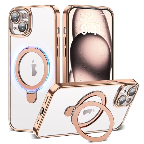 Compatible with iPhone 15 Case with Magnetic Ring Stand [Camera Len Protectors][Compatible with Mag-Safe] Clear Plating Phone Case for iPhone 15 6.1",Desert Gold - color: Desert Gold, size: iPhone 15