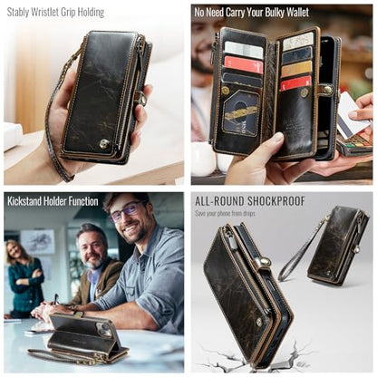 Defencase for iPhone 14 Plus Wallet Case with RFID Card Holder, Coffee | Durable Soft PU Leather, with Zipper Pocket, Wrist Strap, Fashion Snap Flip Phone Cases Cover with Stand for Women and Men - color: Coffee