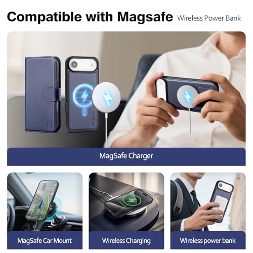 Magnetic 2 in 1 Detachable Compatible with Magsafe iPhone Air Genuine Wallet Case with Card Holder,Women Men Real Leather Flip RFID Blocking Credit Card Slots Stand Phone Cover,Dark Blue - color: Dark Blue, size: iPhone Air - 6.5"