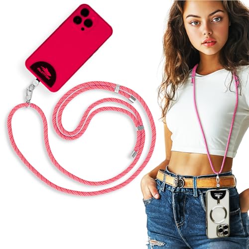 Pilotfish Team Phone Lanyard Strap – Universal Neck & Crossbody Cell Phone Holder, Anti‑Drop, Adjustable for iPhone & Android - color: Silver Buckle/Pink Dark Pink Cross