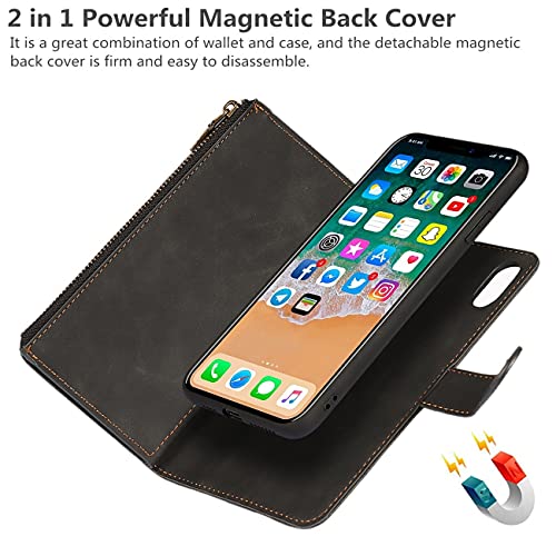 iCoverCase for iPhone X/XS Wallet Case with Card Holder and Wrist Strap, PU Leather Kickstand Card Slots Zipper Pocket Magnetic [Detachable] Flip Cover Case 5.8 Inch (Black) - color: Black