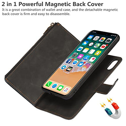 iCoverCase for iPhone X/XS Wallet Case with Card Holder and Wrist Strap, PU Leather Kickstand Card Slots Zipper Pocket Magnetic [Detachable] Flip Cover Case 5.8 Inch (Black) - color: Black