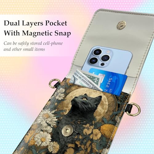Small Crossbody Bags for Women Touchscreen Cell Phone Bag Cross Body Purses with adjustable Strap,Gifts For Teenage Girls-Black Cat Halo Floral