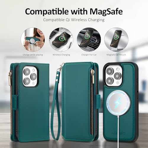 Antsturdy Compatible with MagSafe iPhone 13 Pro Wallet Case,Indigo Blue | Detachable Magnetic Credit Card Holder,RFID Blocking,PU Leather Zipper Purse,Wrist Strap Kickstand,Flip Phone Cover for Women - color: (Detachable with Magsafe)-Indigo Blue