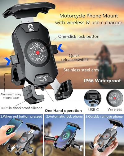 KEWIG Motorcycle Phone Mount Qi 15W Wireless & USB C 20W Fast Charging Port