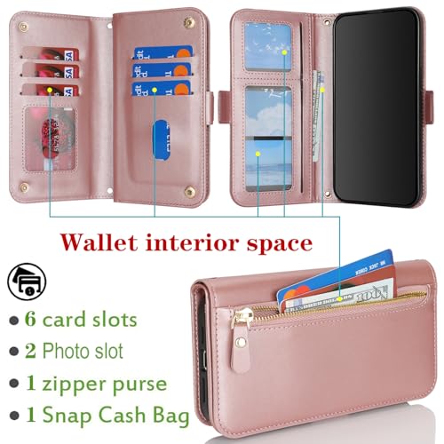 for iPhone 15 Pro Wallet Case for Women,for iPhone 15 Pro Case with Strap Crossbody Lanyard,PU Leather Shockproof Card Holder Stand Zipper Pocket Flip Phone Case-Rose Gold - color: Rose gold