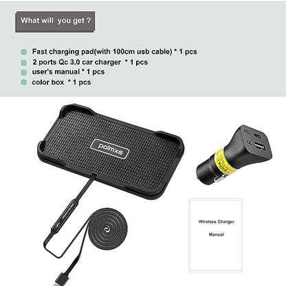 Wireless Charger Car Charging pad,Polmxs 15W Fast Wireless Phone Charger Cell Phone Cordless Charging mat Compatible with iPhone 11/12/12/14/15 Galaxy S21/S22/S23/24 (C12Y)