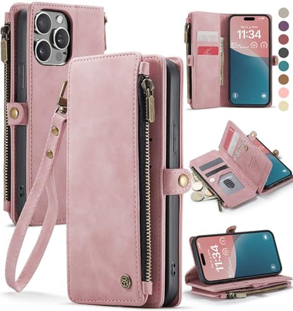 Defencase for iPhone 13 Pro Wallet Case with RFID Card Holder, Rose Pink | Durable Soft PU Leather, with Zipper Pocket, Wrist Strap, Fashion Snap Flip Phone Cases Cover with Stand for Women and Men - color: Rose Pink