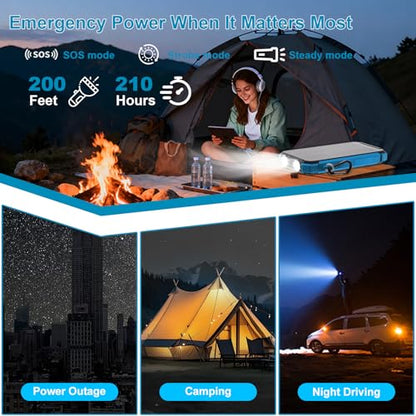 Solar Charger Power Bank 20000mAh, Wireless Fast Charging Battery Pack with 3 Built-in Cables & USB-C Input, Dual LED Flashlights, Portable Phone Charger for Camping, Travel & Emergency Use - color: Blue