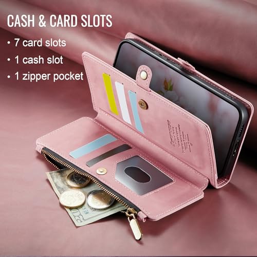 Defencase for Samsung Galaxy S25 Wallet Case with RFID Card Holder, Pink | Durable Soft PU Leather, with Zipper Pocket, Wrist Strap, Fashion Snap Flip S25 Phone Cases Cover with Stand for Women Men - color: Airy Rose Pink