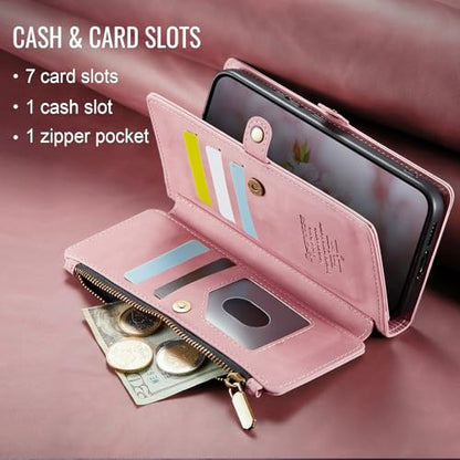 Defencase for Samsung Galaxy S25 Wallet Case with RFID Card Holder, Pink | Durable Soft PU Leather, with Zipper Pocket, Wrist Strap, Fashion Snap Flip S25 Phone Cases Cover with Stand for Women Men - color: Airy Rose Pink