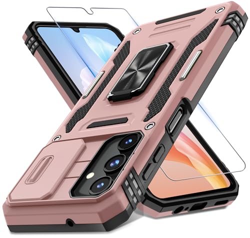 DEERLAMN Case for Samsung Galaxy A15 5G with Slide Camera Cover+Screen Protector (1 Pack), Rotated Ring Kickstand Military Grade Shockproof Protective Cover-Rose Gold - color: Rose Gold, size: A15 5G-6.5Inch