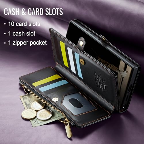 Defencase for Samsung Galaxy S23 Ultra Wallet Case with Card Holder, Black | Durable PU Leather, with RFID Blocking Zipper Pocket, Wrist Strap, S23 Ultra Flip Phone Cases Cover with Stand for Women Men - color: Fashion Black