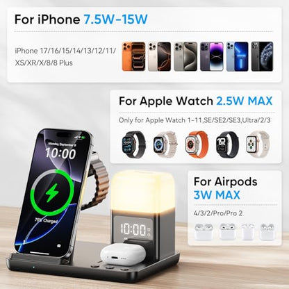 6 in 1 Wireless Charging Station with Clock & Night Light，Alarm Clocks for Bedrooms,Wireless Charger Stand with Beside Clock for iPhone 18/17/16/15/14/13/12 Pro Max, Apple Watch,Airpods (Black) - color: Black