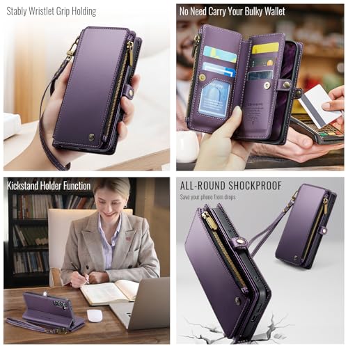 Defencase for Samsung Galaxy S24 Wallet Case with RFID Card Holder, Purple | Durable Soft PU Leather, with Zipper Pocket, Wrist Strap, Fashion Snap Flip S24 Phone Cases Cover with Stand for Women Men - color: Purple