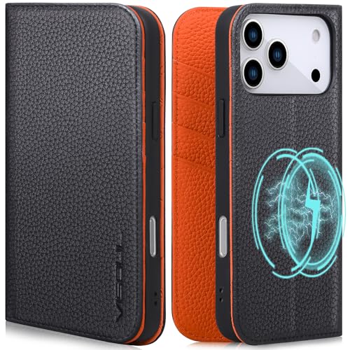 VISOUL Pebbled Genuine Leather Flip Wallet Case for iPhone 17 Pro Max 6.9" 2025, RFID Blocking Card Holders, Kickstand, Protective TPU Folio Cover - Black+Orange - color: Black+Orange