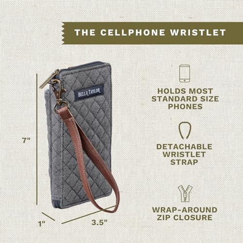 Bella Taylor Cell Phone Wristlet, Quilted Phone Wallet for Women | Lightweight, RFID blocking, phone pocket, built-in wallet, card organizer, coin pocket, secure zipper, quality construction - color: Dark Denim