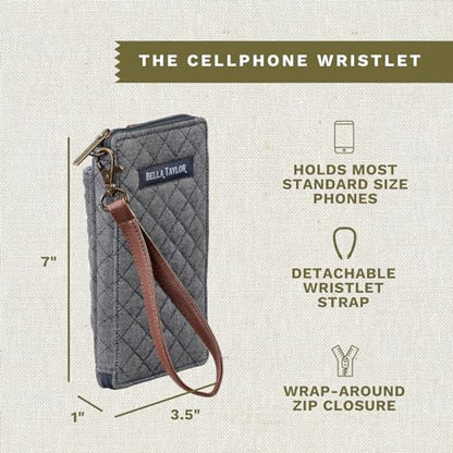 Bella Taylor Cell Phone Wristlet, Quilted Phone Wallet for Women | Lightweight, RFID blocking, phone pocket, built-in wallet, card organizer, coin pocket, secure zipper, quality construction - color: Dark Denim