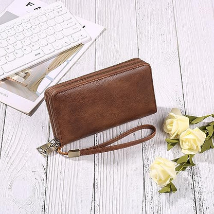 GAEKEAO RFID Leather Wristlet Wallet for Women with Grip Strap | Large capacity clutch wallet, credit card holder, wrist strap, zipper purse, travel and shopping - color: A01 Retro Brown Tan
