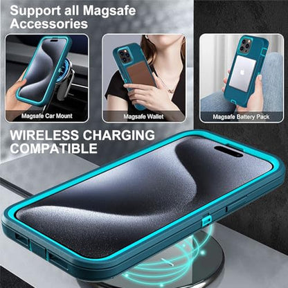 YKHJKLEC for iPhone 15 Pro Case, Compatible with Magsafe, Military Grade 3 in 1 Heavy Duty Shockproof/Drop Proof/Dust Proof Case with 2Pcs Tempered Glass Screen Protector (New-Blue/Turquoise) - color: New-Blue/Turquoise