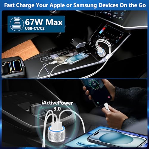 2Pack 67W USB C Car Charger, Rombica 3-Port Car Phone Charger Fast Charging - color: Bright Silver