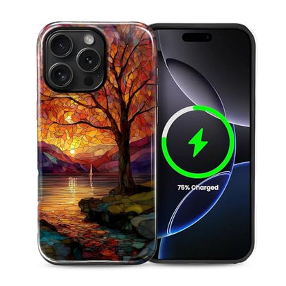 Magnetic Phone Case for iPhone 16 Pro Max,Compatible with MagSafe,Durable 2 Layers Full Covered Shockproof Protective Cover-Stained Glass Sunrise Fall Leaves - color: Stained Glass Sunrise Fall Leaves, size: iPhone 16 Pro Max