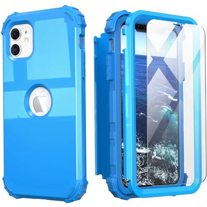 IDweel for iPhone 11 Case with Screen Protector for Women, Luxury Hybrid 3 in 1 Shockproof Slim Fit Heavy Duty Protection Hard PC Cover Soft Silicone Bumper Full Body Case,Glitter Sky Blue - color: Glitter Sky Blue