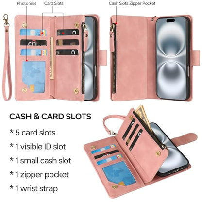 RANYOK Compatible with iPhone 16 Case Wallet - PU Leather Wallet Case for iPhone 16 with Credit Card Holder RFID Blocking Zipper Pocket with Wrist Strap Flip Folio Protective Case (Pink) - color: Pink, size: iPhone 16, 6.1"