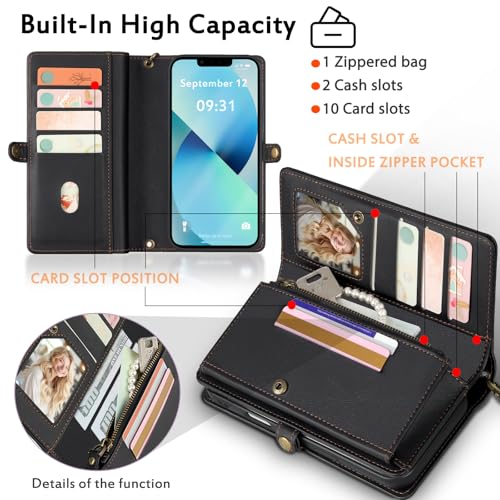 for Wallet Case Compatible with iPhone 13,Multi-Function Detachable 2 in 1 Magnetic iPhone 13 Case Wallet,Flip Strap Zipper Card Holder Phone Case with Shoulder Straps (Black) - color: Black, size: iPhone 13
