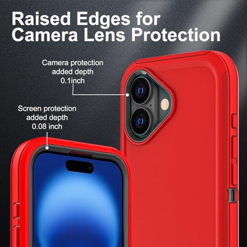 YKHJKLEC for iPhone 16 Case, Military Grade 3 in 1 Heavy Duty Shockproof/Drop Proof/Dust Proof Case with 2Pcs Tempered Glass Screen Protector (Red/Black) - color: Red/Black