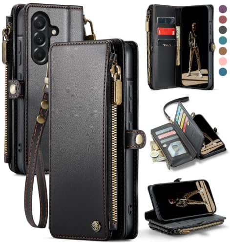 Defencase for Samsung Galaxy A37 5G Wallet Case with Card Holder, Black | RFID Blocking, Zipper Pocket, Durable PU Leather, Wrist Strap, Fashion Snap Flip Phone Cases Cover with Stand for Women Men - color: Black