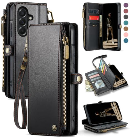 Defencase for Samsung Galaxy A37 5G Wallet Case with Card Holder, Black | RFID Blocking, Zipper Pocket, Durable PU Leather, Wrist Strap, Fashion Snap Flip Phone Cases Cover with Stand for Women Men - color: Black