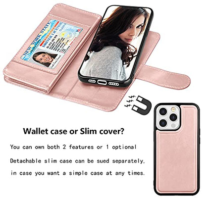 NJJEX iPhone 13 Mini Wallet Case, 9 Card Slots, Rose Gold | PU leather, ID Credit Card Holder, detachable folio flip, magnetic cover, kickstand, lanyard included - color: Rose Gold