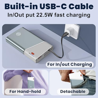 Aaoyun Portable Charger Power Bank, 20000mAh 22.5W PD Fast Charging Powerbank with Built-in USB C Cable, External Phone Battery Pack for iPhone 17/16/15 Samsung S24 Android etc - color: Blue