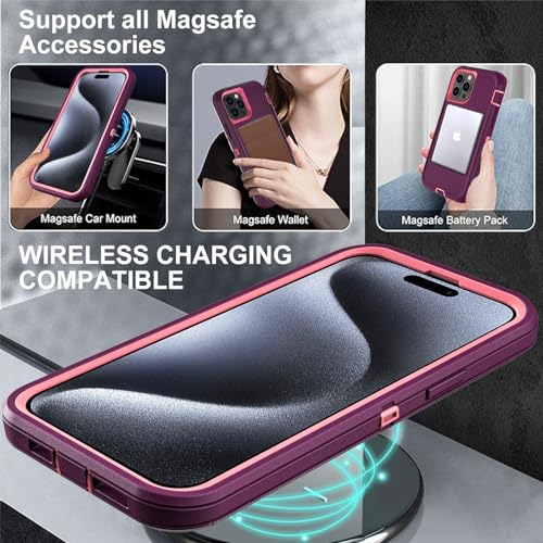 YKHJKLEC for iPhone 15 Pro Case, Compatible with Magsafe, Military Grade 3 in 1 Heavy Duty Shockproof/Drop Proof/Dust Proof Case with 2Pcs Tempered Glass Screen Protector (New-Purple/Pink) - color: New-Purple/Pink