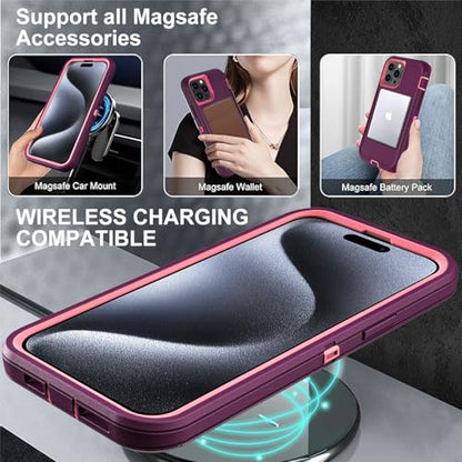 YKHJKLEC for iPhone 15 Pro Case, Compatible with Magsafe, Military Grade 3 in 1 Heavy Duty Shockproof/Drop Proof/Dust Proof Case with 2Pcs Tempered Glass Screen Protector (New-Purple/Pink) - color: New-Purple/Pink