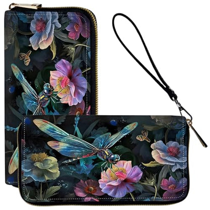 Ladies Wallet,Clutch Purses for Women Wallets Leather Credit Card Holder for Women Wristlet Slim Small Cute with Zipper,Thin RFID Blocking with Wrist Strap,Art Cute Dragonfly - color: Art Cute Dragonfly