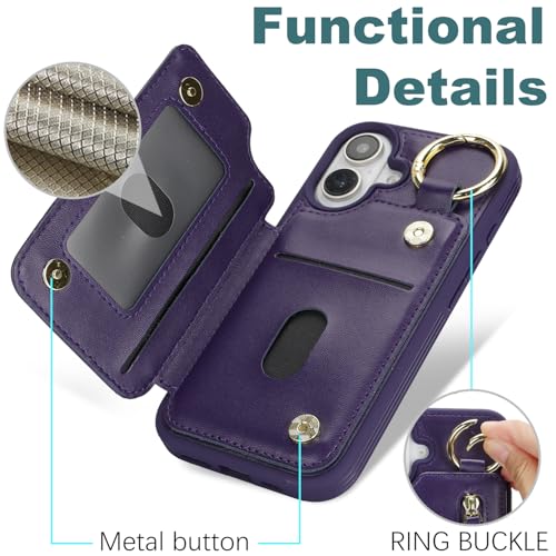 Ｈａｖａｙａ for iPhone 16 case Wallet with Card Holder for Women Men Shockproof Phone case with Keychain Ring Stand Leather Zipper Credit Card Slots-Deep Purple - color: Purple-Ring