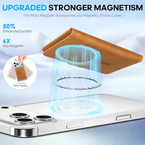 SHIELDON Genuine Leather for Magsafe Wallet, Retro Light Brown | Strong Magnetic, Card Holder, Rfid Blocking, 6 Card Slots, ID Window, for iPhone 17/16/15/14/13/12 Series & Magnet Case - color: Light Brown - Retro