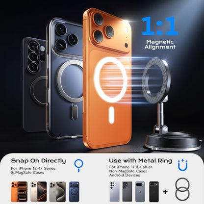NeverDrop Car Mount for MagSafe [2 Bases for Any Surface | 118+LBS Ultra Grip | 2400gf Strong Magnetic] 360° Adjustable Car Phone Holder, Phone Holders for Your Car for All Smartphones, Carbon Fiber