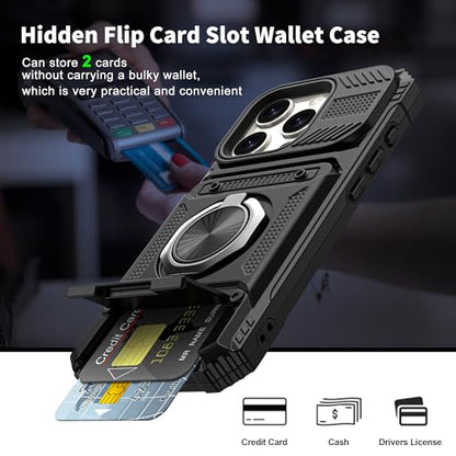 Vofolen for iPhone 15 Pro Max Case Wallet with Card Holder [Store 2 Cards] | 360° Magnetic Rotated Ring Kickstand, Heavy Duty Shockproof Protection Wallet Phone Case for iPhone 15 Pro Max 6.7'' Black - color: Black