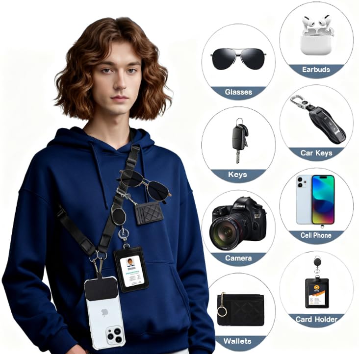 Crossbody Phone Strap with Wallet,Adjustable Crossbody Cell Phone Lanyard for iPhone with Phone Tethers & Retractable ID Badge Card Holder- Black - color: With Retractable Keychain-black