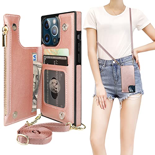 Bocasal Crossbody Wallet Case with Strap for iPhone 13 Pro, Rose Gold - color: Rose Gold