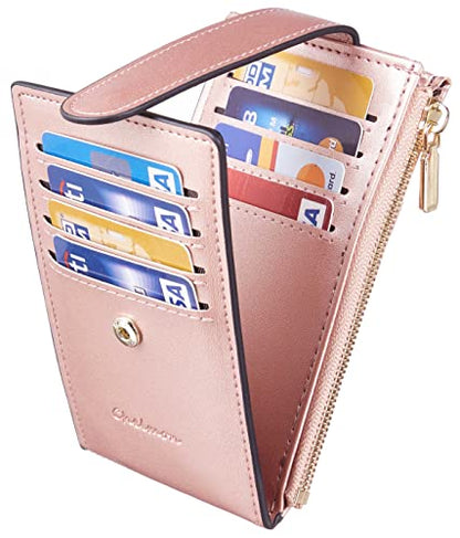 Chelmon Women's RFID Slim Card Holder Wallet | Thin Bifold Multi Card Case with Zipper Coin Pocket Purse for Women(Rose Gold CLassic) - color: Rose Gold Classic