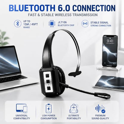 Bytewaveshop Trucker Bluetooth Headset with Mic, 55H Talk Time Wireless Headset, 99% Noise Cancelling Headphones with 270° Adjustable Mic, Bluetooth 6.0, Dual Device for Truck Drivers, Calls, Driving - color: Silver